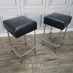 Pair IKEA Julius Bar Stools Chrome Frame Black Vinyl Seat Retro Vintage Kitchen