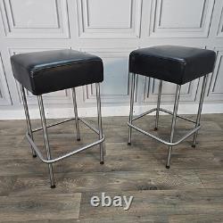 Pair IKEA Julius Bar Stools Chrome Frame Black Vinyl Seat Retro Vintage Kitchen