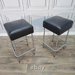 Pair IKEA Julius Bar Stools Chrome Frame Black Vinyl Seat Retro Vintage Kitchen