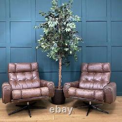 Pair Of Retro Vintage Brown Leather Armchairs /Swivel Danish Lounge Chairs