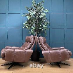 Pair Of Retro Vintage Brown Leather Armchairs /Swivel Danish Lounge Chairs