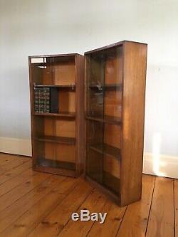 Pair Of Vintage Glazed 3' Tall Narrow Small Bookcases Display Cupboard Retro