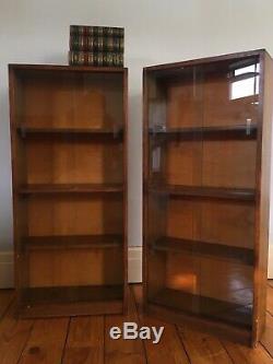 Pair Of Vintage Glazed 3' Tall Narrow Small Bookcases Display Cupboard Retro