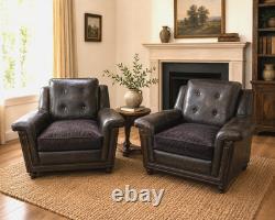 Pair Vintage Retro Armchairs Black Button Back Club Lounge Chairs Mid Century
