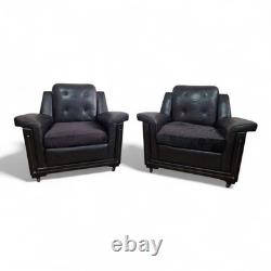 Pair Vintage Retro Armchairs Black Button Back Club Lounge Chairs Mid Century