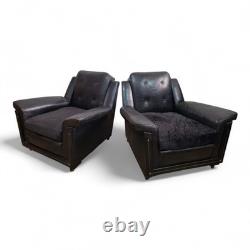 Pair Vintage Retro Armchairs Black Button Back Club Lounge Chairs Mid Century