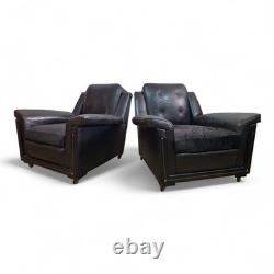 Pair Vintage Retro Armchairs Black Button Back Club Lounge Chairs Mid Century