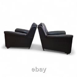 Pair Vintage Retro Armchairs Black Button Back Club Lounge Chairs Mid Century