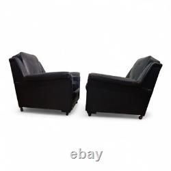 Pair Vintage Retro Armchairs Black Button Back Club Lounge Chairs Mid Century