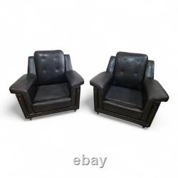 Pair Vintage Retro Armchairs Black Button Back Club Lounge Chairs Mid Century