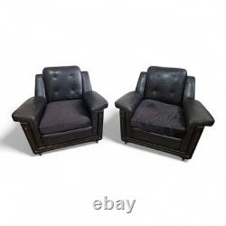 Pair Vintage Retro Armchairs Black Button Back Club Lounge Chairs Mid Century