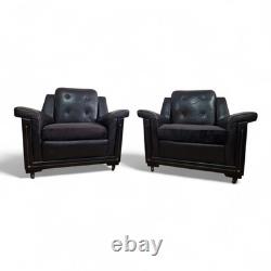 Pair Vintage Retro Armchairs Black Button Back Club Lounge Chairs Mid Century