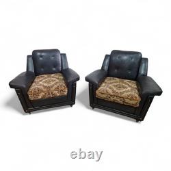 Pair Vintage Retro Armchairs Black Button Back Club Lounge Chairs Mid Century