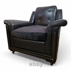 Pair Vintage Retro Armchairs Black Button Back Club Lounge Chairs Mid Century