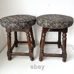 Pair x2 Vintage Retro Wooden Upholstered Turned Stools Round, Pub, Bar, Seats