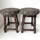 Pair X2 Vintage Retro Wooden Upholstered Turned Stools Round, Pub, Bar, Seats