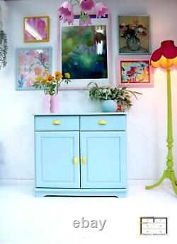 Pastel Teal 1970s retro Kitchen Sideboard, Vintage pine cupboard, Dopamine Decor