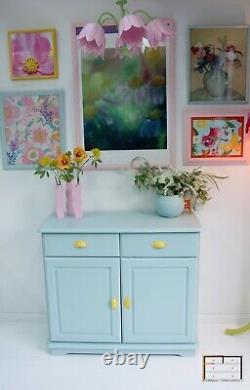 Pastel Teal 1970s retro Kitchen Sideboard, Vintage pine cupboard, Dopamine Decor