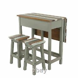 Premium Grey Vintage Corona Set Breakfast Bar Table and 2 Stools Drop Leaf Table