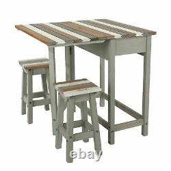 Premium Grey Vintage Corona Set Breakfast Bar Table and 2 Stools Drop Leaf Table