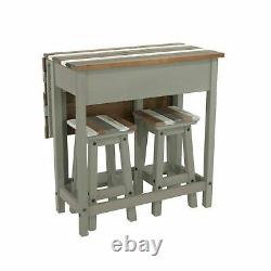 Premium Grey Vintage Corona Set Breakfast Bar Table and 2 Stools Drop Leaf Table