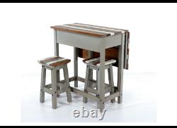 Premium Grey Vintage Corona Set Breakfast Bar Table and 2 Stools Drop Leaf Table