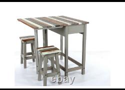 Premium Grey Vintage Corona Set Breakfast Bar Table and 2 Stools Drop Leaf Table