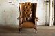 Queen Anne Old Vintage Crackle Tan Leather High Back Chesterfield Wing Chair