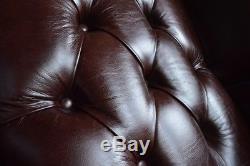 Queen Anne Old Vintage Dark Brown Leather High Back Chesterfield Wing Chair