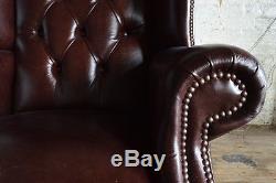 Queen Anne Old Vintage Dark Brown Leather High Back Chesterfield Wing Chair