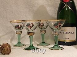 RARE 4 Crowing Cockerel Cocktail Sherry Martini Glasses Green Stemmed Hand Made