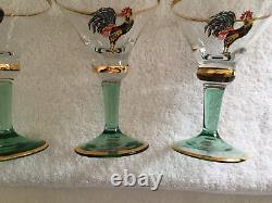 RARE 4 Crowing Cockerel Cocktail Sherry Martini Glasses Green Stemmed Hand Made