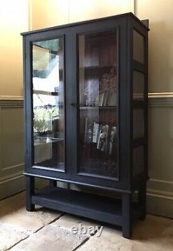 RESERVED Vintage Black Painted Display China Bookcase Glazed Drinks Cabinet