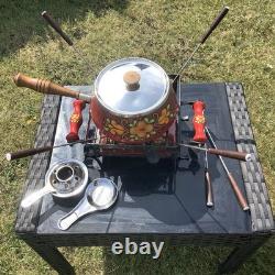 Rare Vintage Enamel Retro Red Floral Hand painted Fondue Set & burner / forks