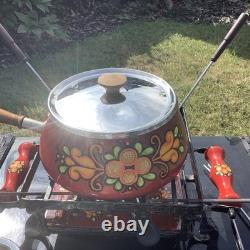 Rare Vintage Enamel Retro Red Floral Hand painted Fondue Set & burner / forks