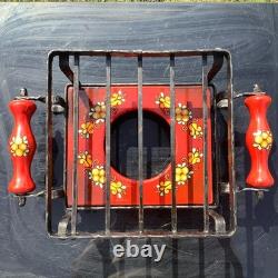 Rare Vintage Enamel Retro Red Floral Hand painted Fondue Set & burner / forks