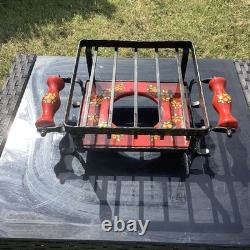 Rare Vintage Enamel Retro Red Floral Hand painted Fondue Set & burner / forks