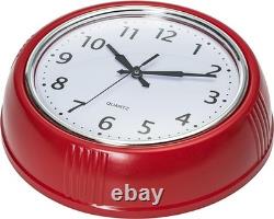 Red Retro Wall Clock 9.5 Vintage Kitchen Silent Quartz Easy Read Round Decor