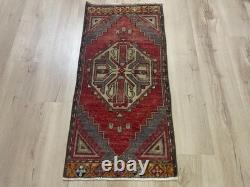 Red Tribal Runner Rug Handmade Wool Turkish Carpet 1.7x3.7Ft Vintage Hallway Rug