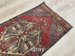 Red Tribal Runner Rug Handmade Wool Turkish Carpet 1.7x3.7Ft Vintage Hallway Rug