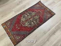 Red Tribal Runner Rug Handmade Wool Turkish Carpet 1.7x3.7Ft Vintage Hallway Rug