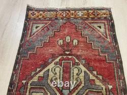 Red Tribal Runner Rug Handmade Wool Turkish Carpet 1.7x3.7Ft Vintage Hallway Rug