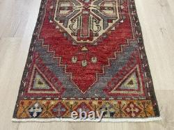 Red Tribal Runner Rug Handmade Wool Turkish Carpet 1.7x3.7Ft Vintage Hallway Rug