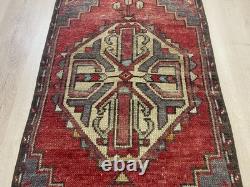 Red Tribal Runner Rug Handmade Wool Turkish Carpet 1.7x3.7Ft Vintage Hallway Rug