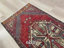 Red Tribal Runner Rug Handmade Wool Turkish Carpet 1.7x3.7Ft Vintage Hallway Rug
