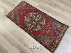 Red Tribal Runner Rug Handmade Wool Turkish Carpet 1.7x3.7Ft Vintage Hallway Rug