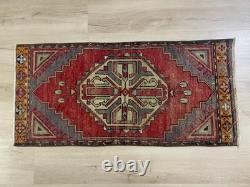 Red Tribal Runner Rug Handmade Wool Turkish Carpet 1.7x3.7Ft Vintage Hallway Rug