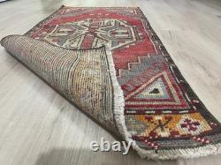 Red Tribal Runner Rug Handmade Wool Turkish Carpet 1.7x3.7Ft Vintage Hallway Rug