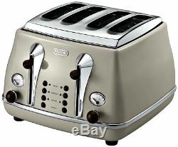Retro DeLonghi Icona Cream Kettle & 4 Slice Toaster Kitchen Appliance Bundle Set