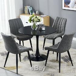 Retro Dining Table and 4 Distressed Chairs Faux Leather Black Legs Kitchen Sets